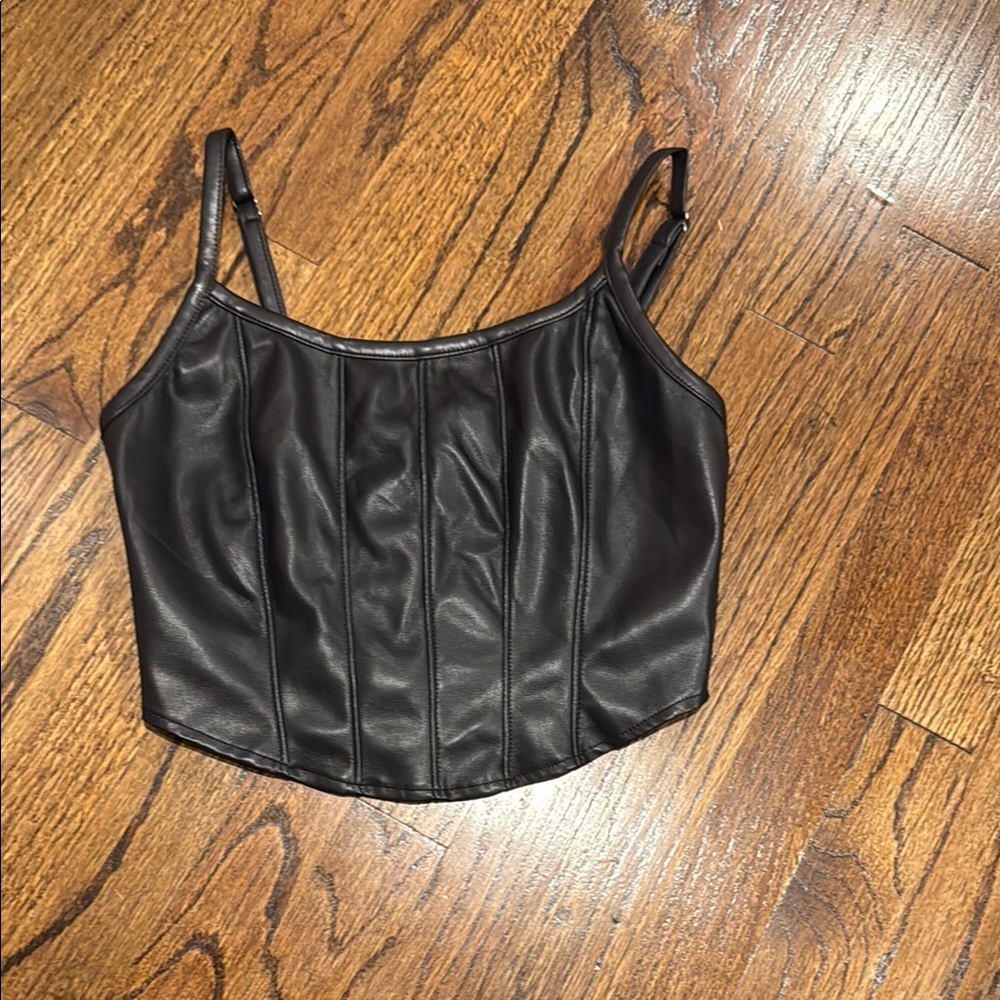 KIRIOUS Black Faux Leather CROP Corset Top